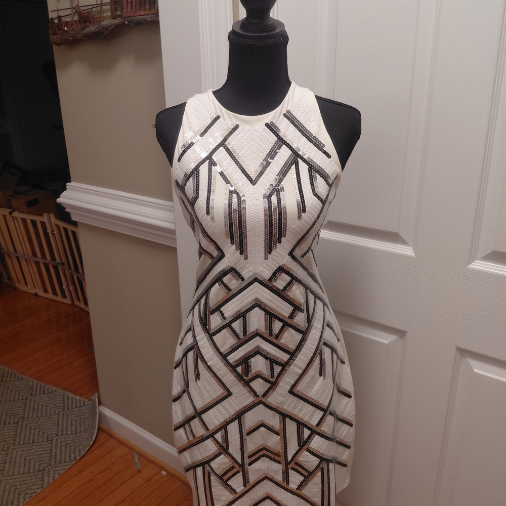 Express White Sequin Mini Dress with Black and Gold Geometric Beading